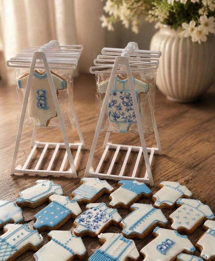 Bolachas decoradas em formato de body de bebê em azul e branco