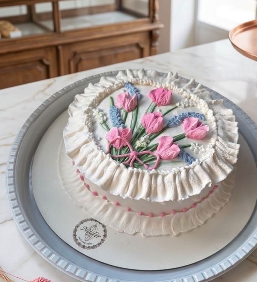 Bolo com babado de chantilly e buquê de tulipas no topo